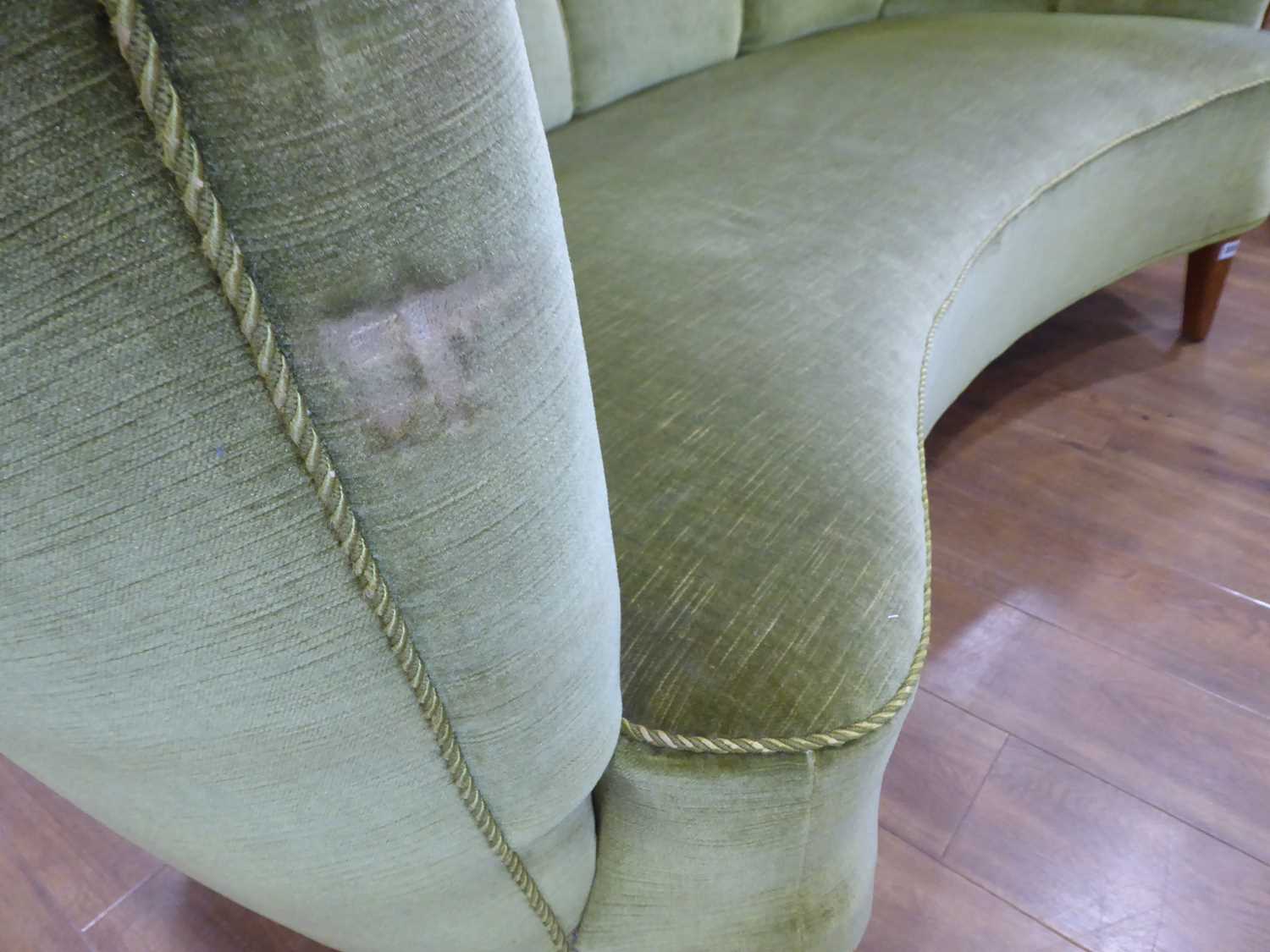 A 1950's Danish 'Banana' sofa upholstered in green on teak triangular feet *Sold subject to our Soft - Image 5 of 7