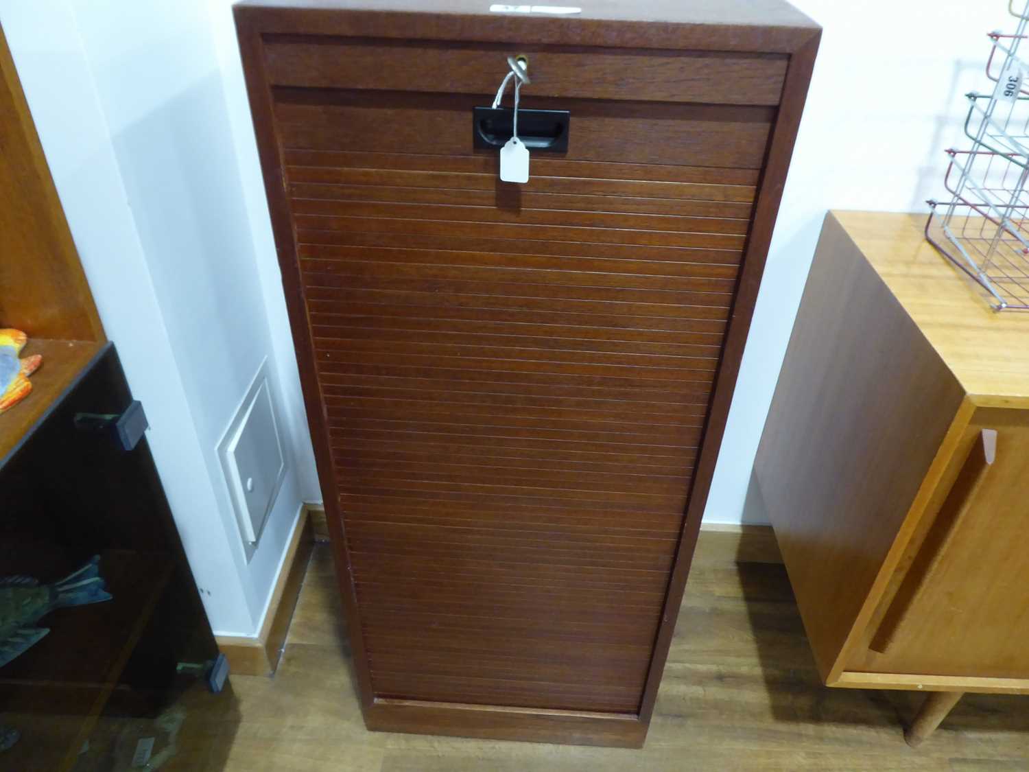 A 1950's Danish teak tambour cabinet fitted with seven beech drawers on a plinth base, 45 x 35 x 108 - Image 5 of 10