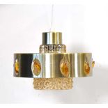 A 1970's Danish brass-finished ceiling light with amber-type decoration Height 17 cm. Diameter 22.