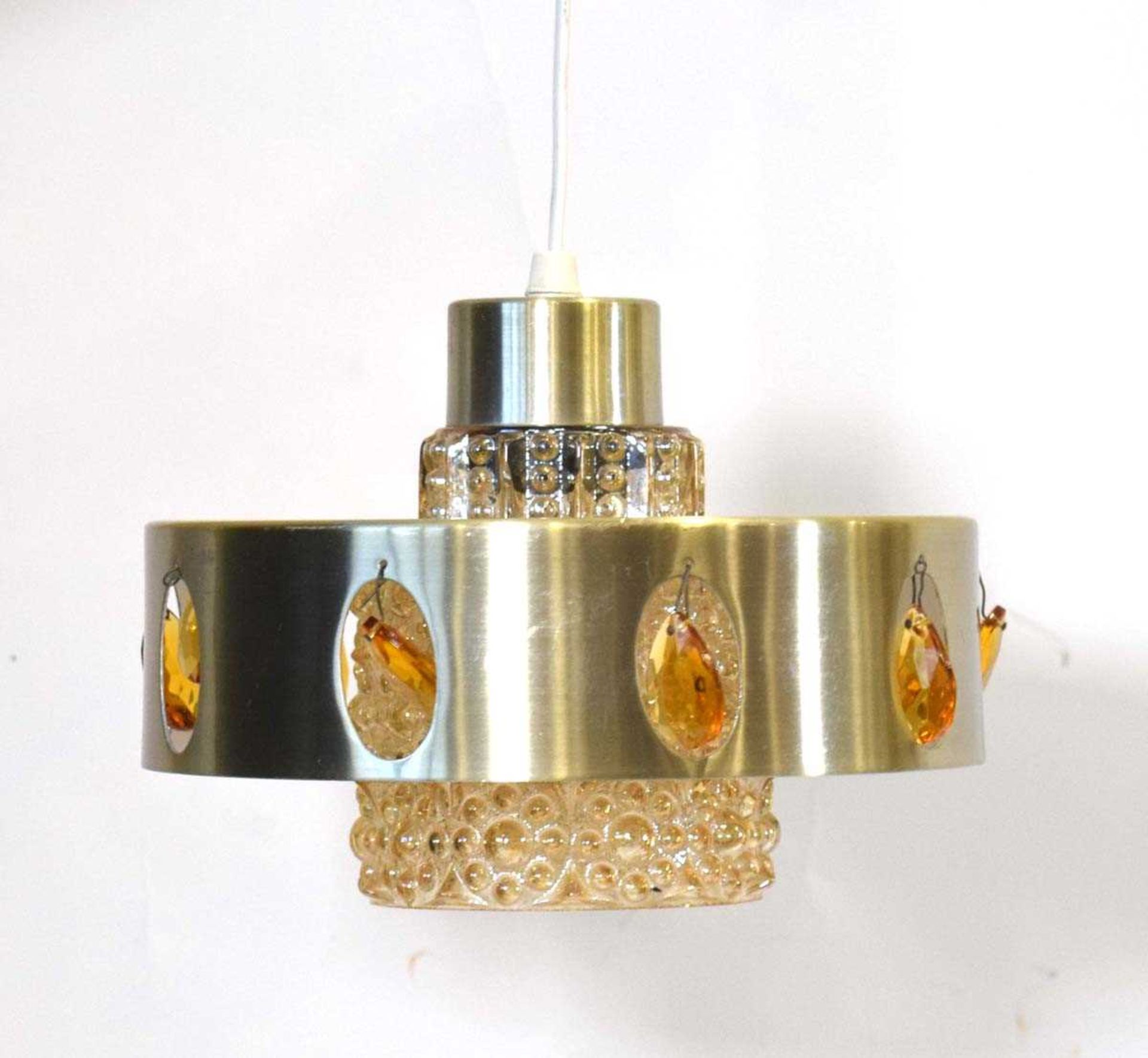 A 1970's Danish brass-finished ceiling light with amber-type decoration Height 17 cm. Diameter 22.