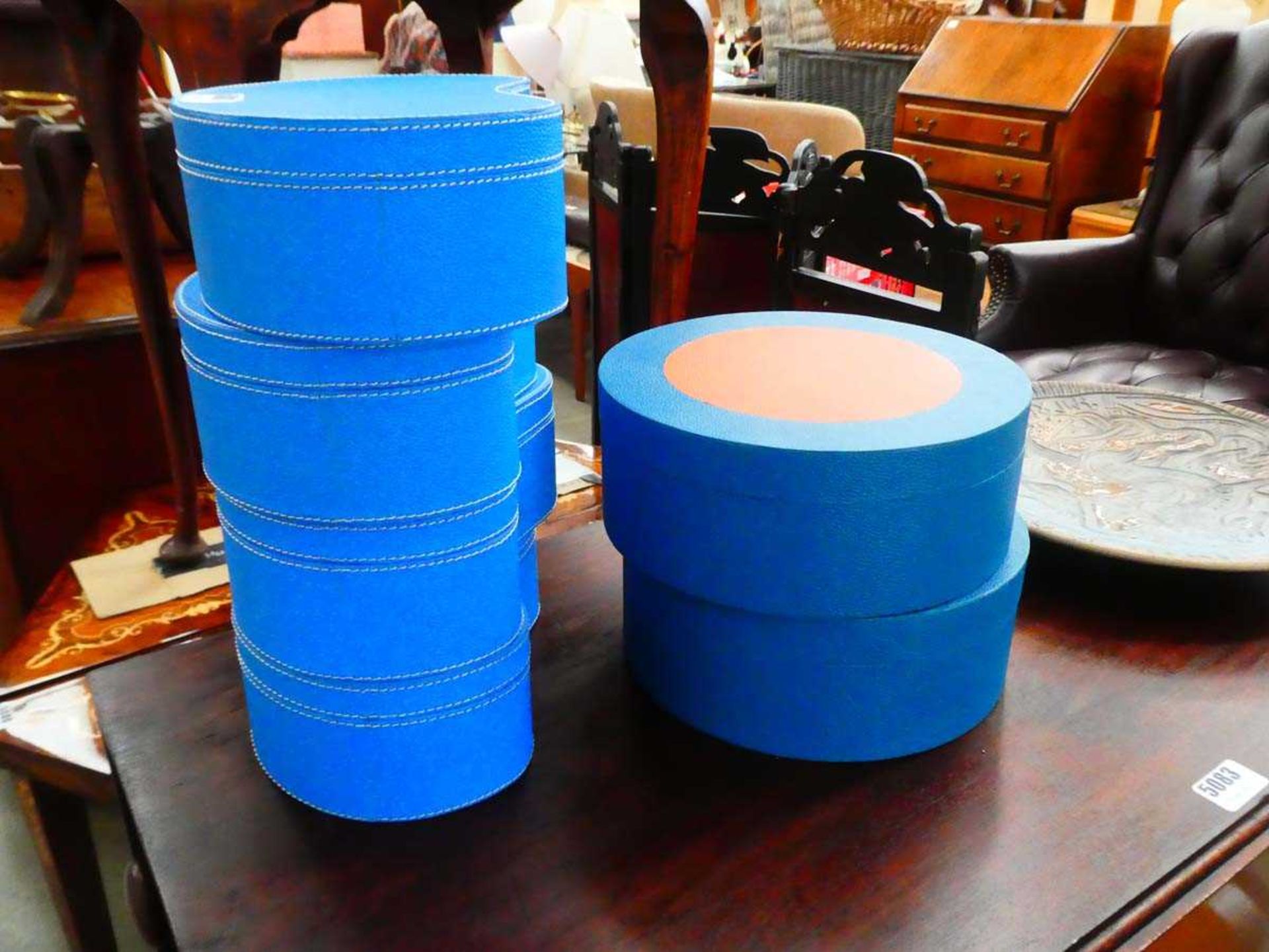 A pair of Jonathan Adler circular leatherette boxes, di. 23 cm, together with four kidney-shaped