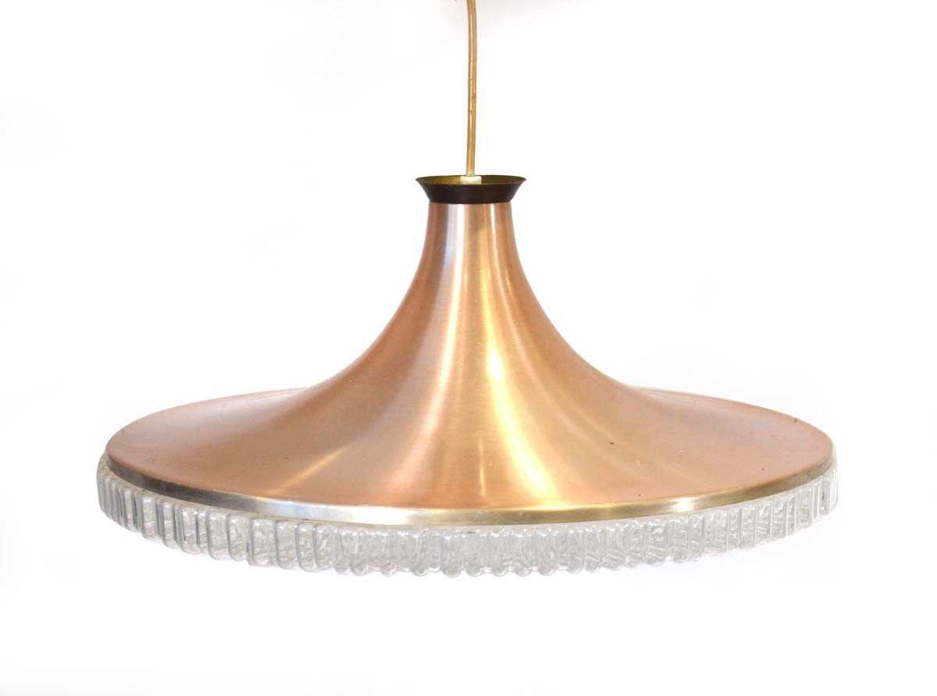 A Danish copper coloured ceiling light with a moulded perspex diffuser Height 20 cm. Diameter 47 cm.