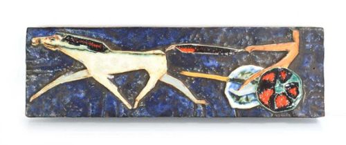 A 1950/60's ceramic wall plaque relief modelled with a stylised rider and chariot, unmarked, 14 x 47