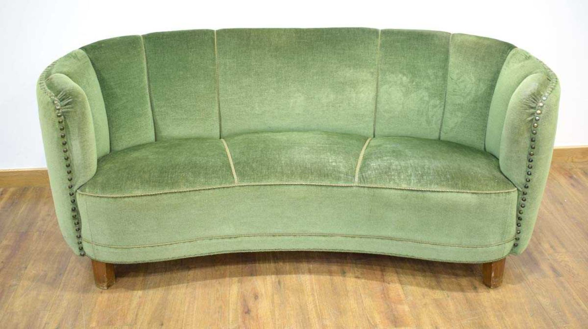 A 1940/50's Danish 'Banana' sofa upholstered in green on mahogany block feet *Sold subject to our - Image 2 of 27