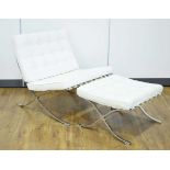 After Ludwig Mies van der Rohe, a 'Barcelona'-style chair and stool upholstered in white *Sold