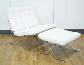 After Ludwig Mies van der Rohe, a 'Barcelona'-style chair and stool upholstered in white *Sold