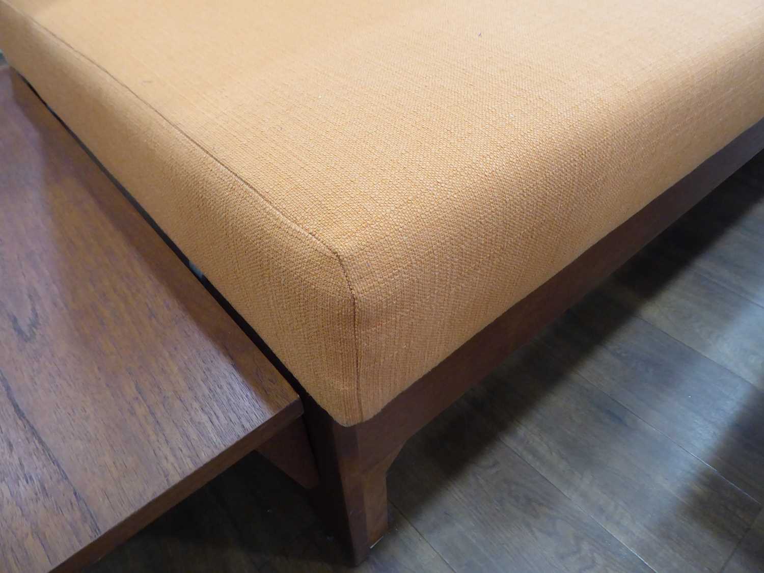 A 1960/70's teak daybed, the orange button-upholstered seat with two loose back cushions, the side - Image 7 of 12