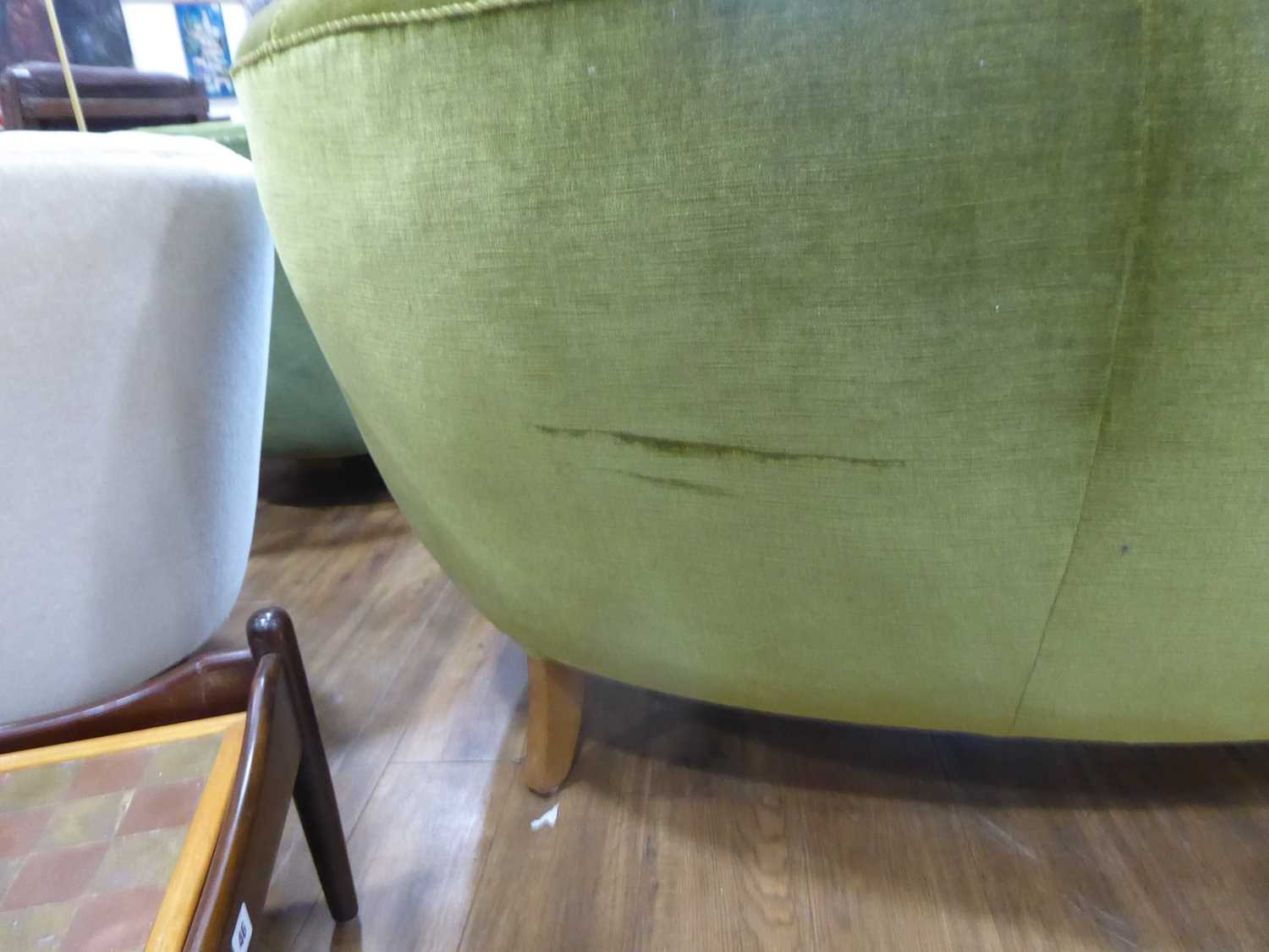 A 1950's Danish 'Banana' sofa upholstered in green on teak triangular feet *Sold subject to our Soft - Image 2 of 7