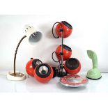 A Pifco white gooseneck desk lamp together with a Metamec clock, a group of 'eyeball' lamps and a