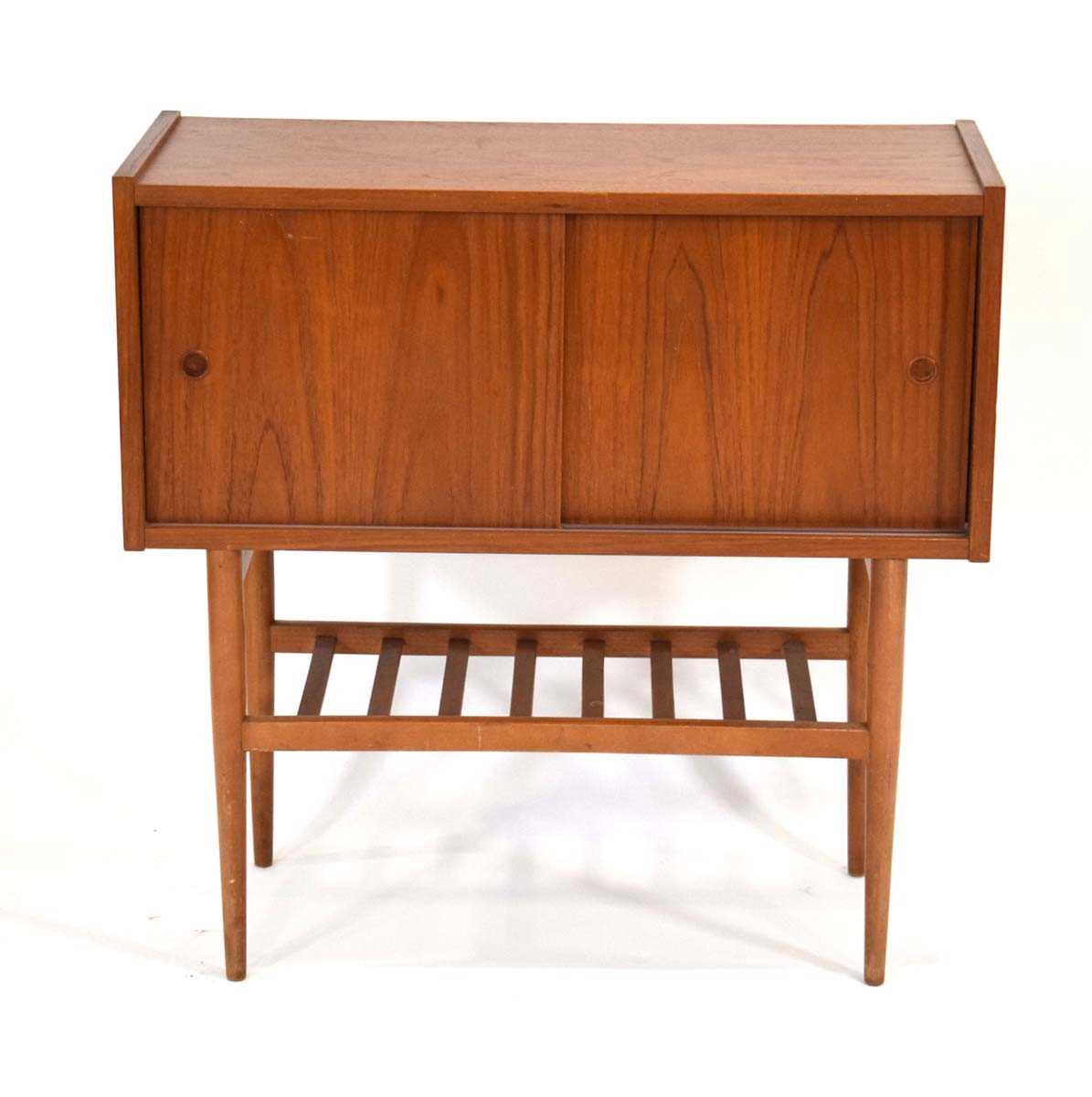 A 1960's Danish teak cabinet with two sliding doors over a slatted tier, on tapering legs, w. 80 cm, - Image 2 of 2