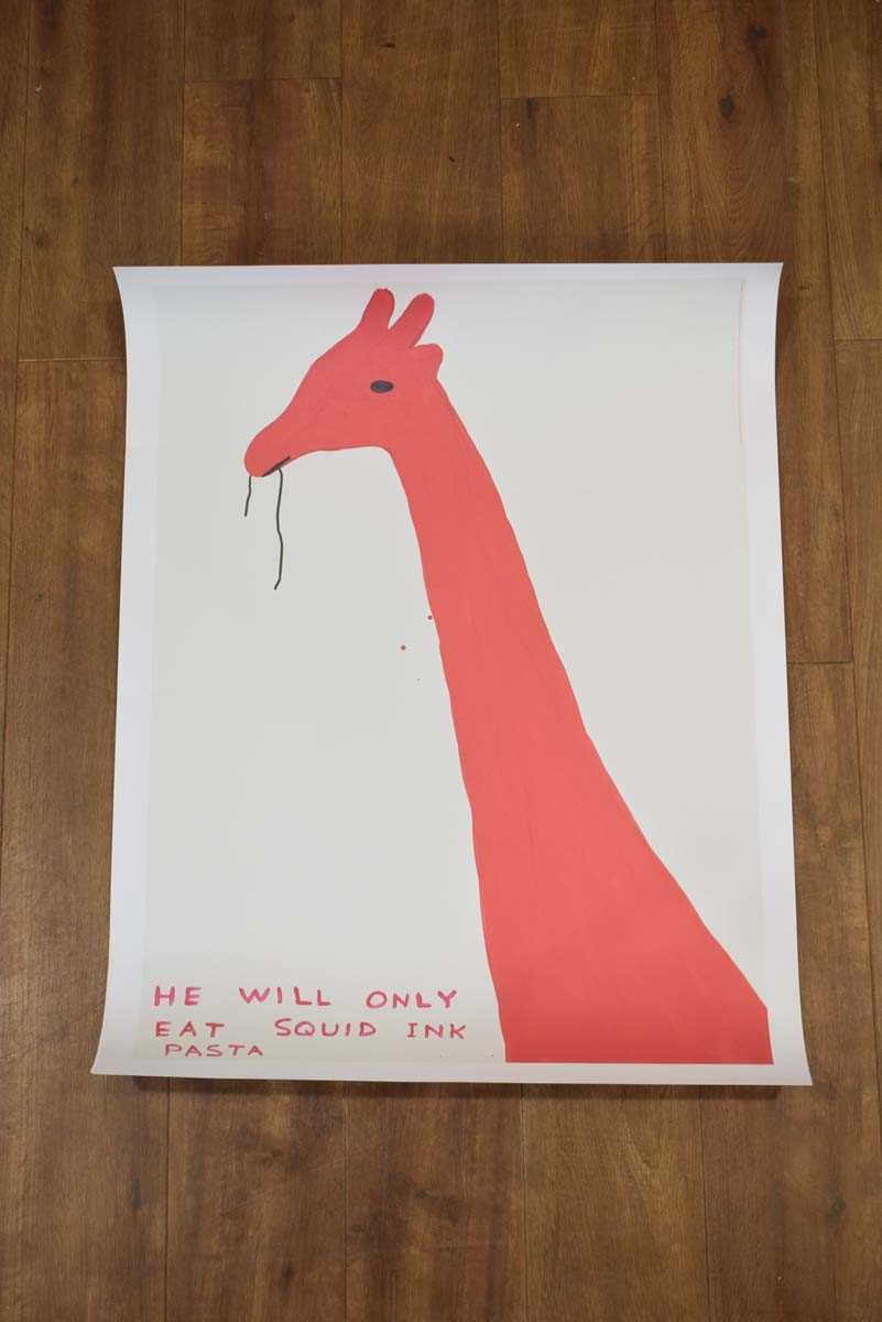 After David Shrigley, Animal Series: 'He will only eat squid ink pasta', a giraffe, off-set