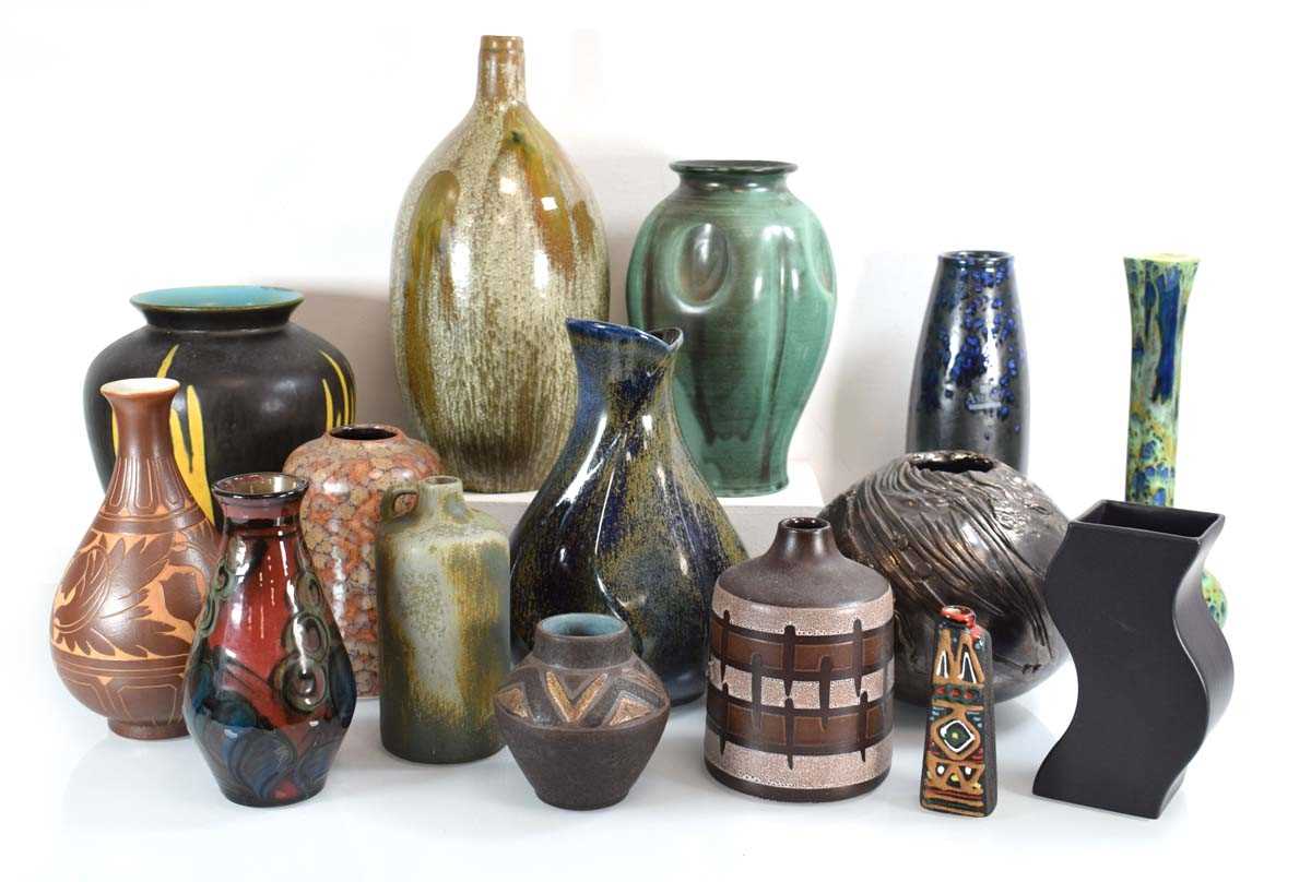 A group of fifteen German, Danish, Swedish and other pottery vases including Asa, Ekeby, West