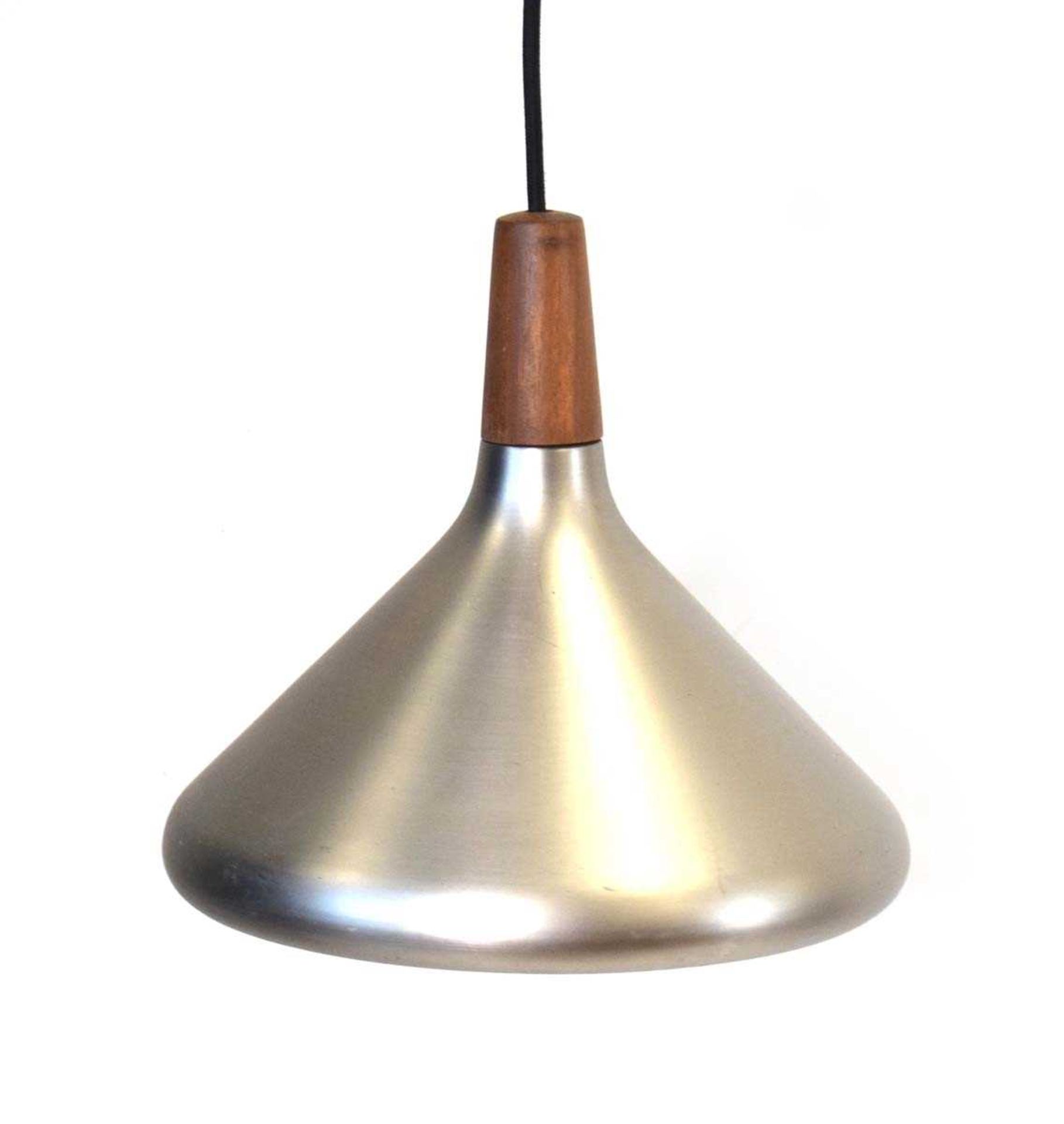 A Nordlux spun aluminium pendant light with a teak mount w. 25 cm, h. 25 cm. See additonal images