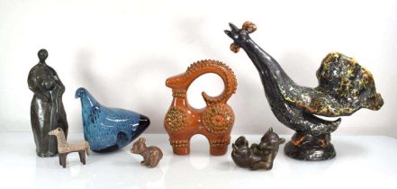 A group of Danish and other pottery figures including two bears, a large cockerel, a chicken etc. (