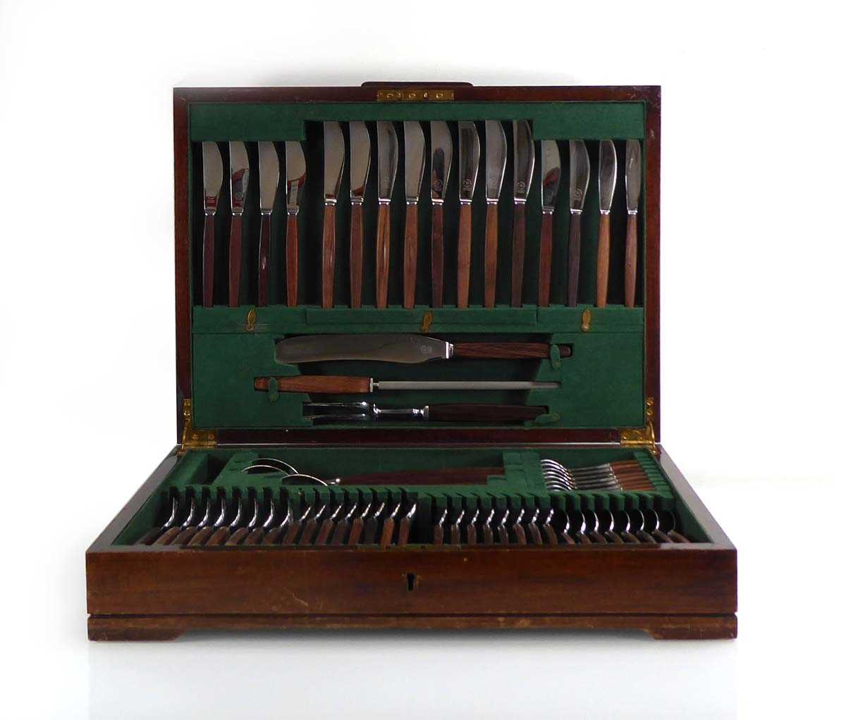 A late 1950's eight-sitting set of Danish cutlery with rosewood handles and stainless steel blades