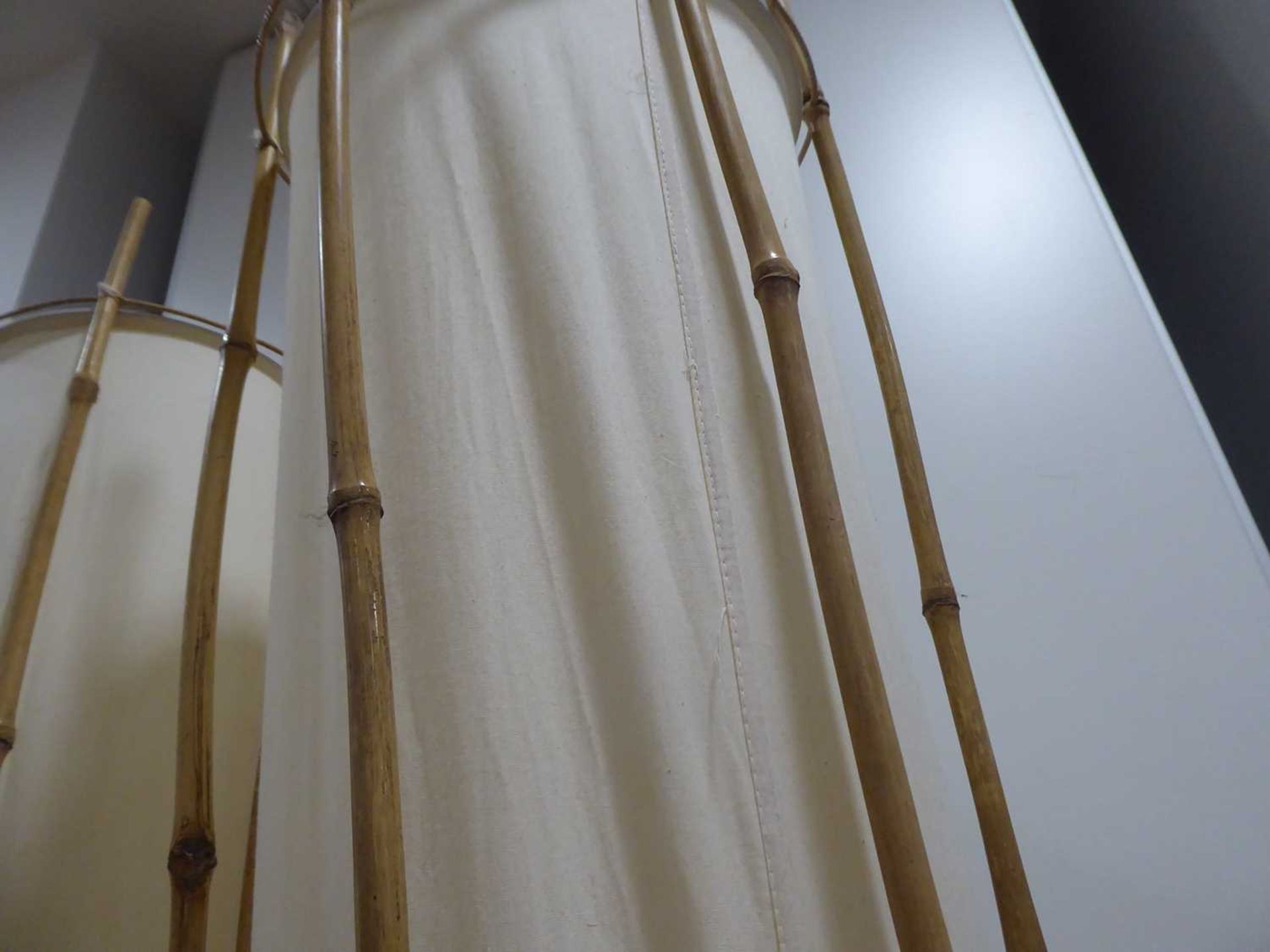 A pair of bamboo and fabric floor lamp shades, h. 100 cm Reasonably stable. Fabric is intact some - Image 4 of 6