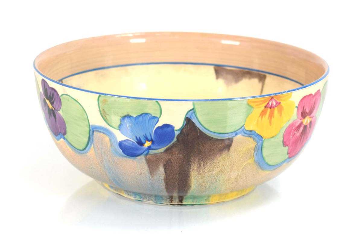 Clarice Cliff for Newport Pottery, a 'Bizarre' Range bowl decorated in the 'Pansies' pattern, di.