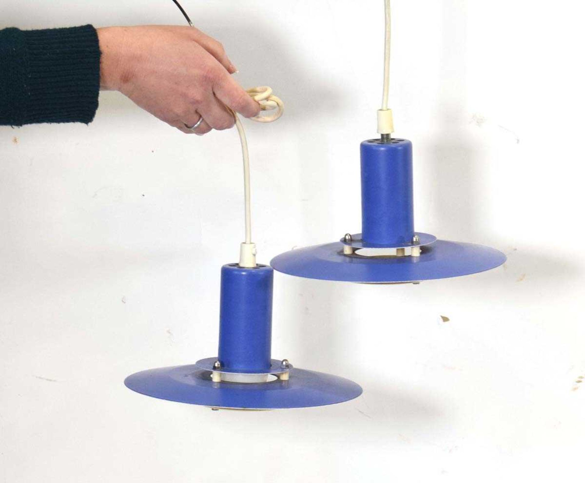 A pair of 1970's Danish blue enamelled No. 4020 pendant lights by Lyfa (2) - Image 2 of 2