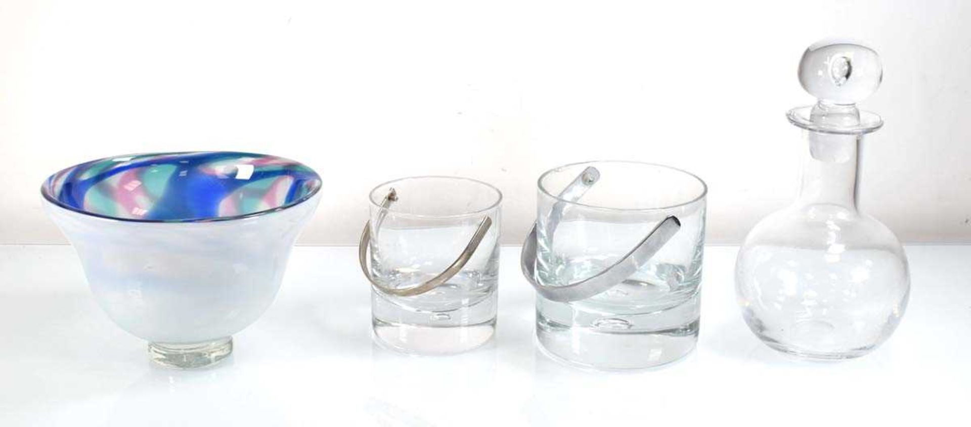 Vicke Lindstrand for Kosta, a pair of Swedish 'Pippi' ice buckets together with a Kosta decanter and