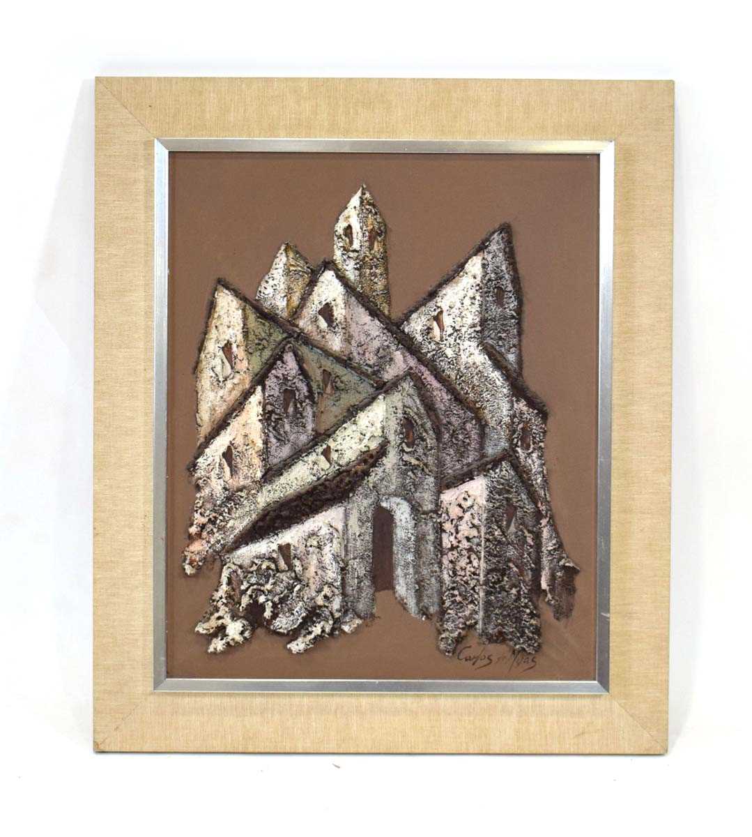 Carlos de Mijas (Spanish), Interlocking houses, indistinctly signed, mixed media, image 59 x 49 cm