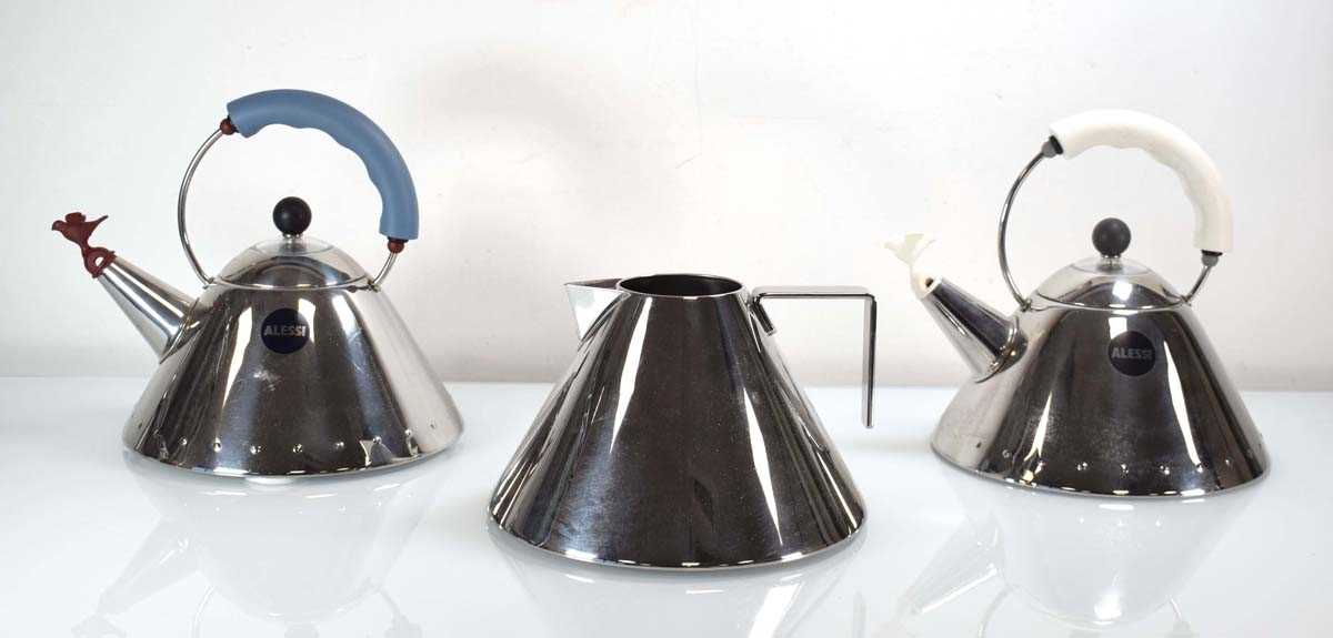 Micheal Graves for Alessi, a 'Bird Kettle' with white mounts, together with another 'Bird Kettle'