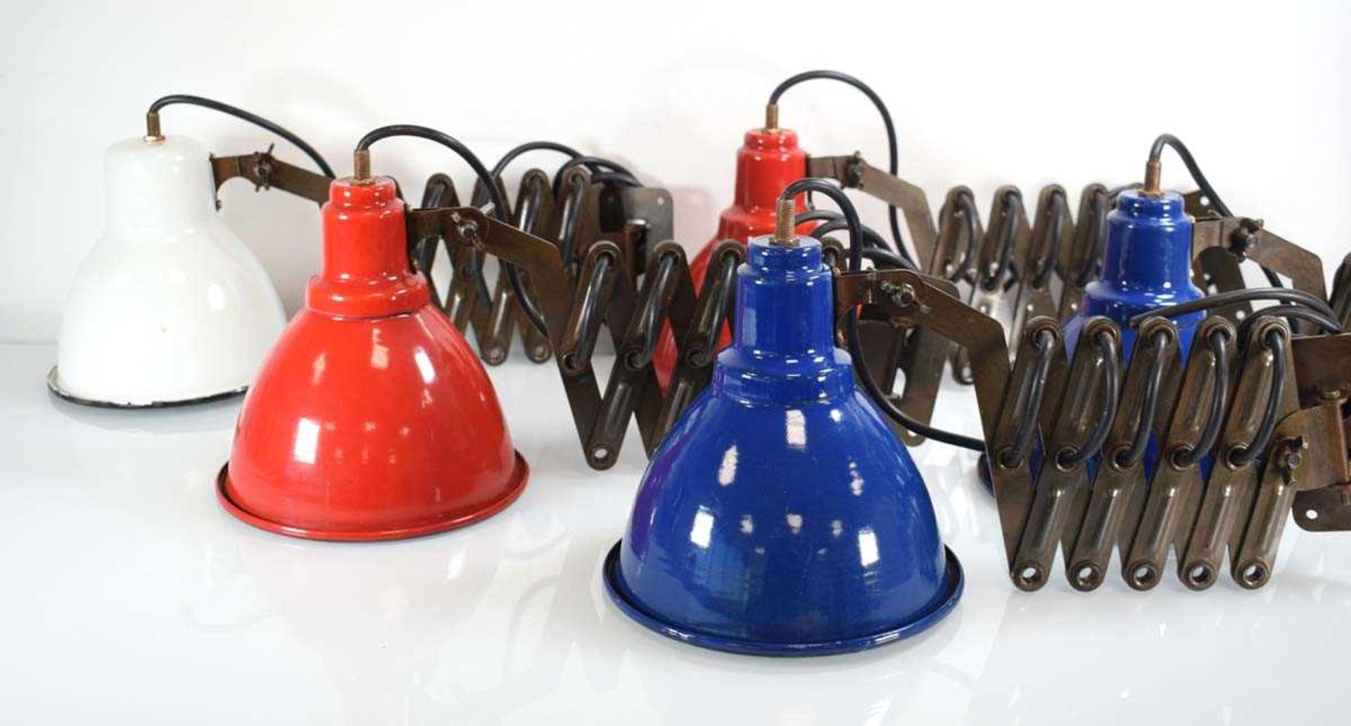 A set of five 1950's scissor-arm wall lights enamelled in red, white and blue (5) Leads cut, - Image 2 of 2