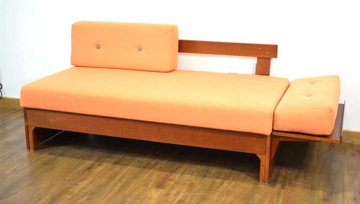 A 1960/70's teak daybed, the orange button-upholstered seat with two loose back cushions, the side - Image 3 of 12
