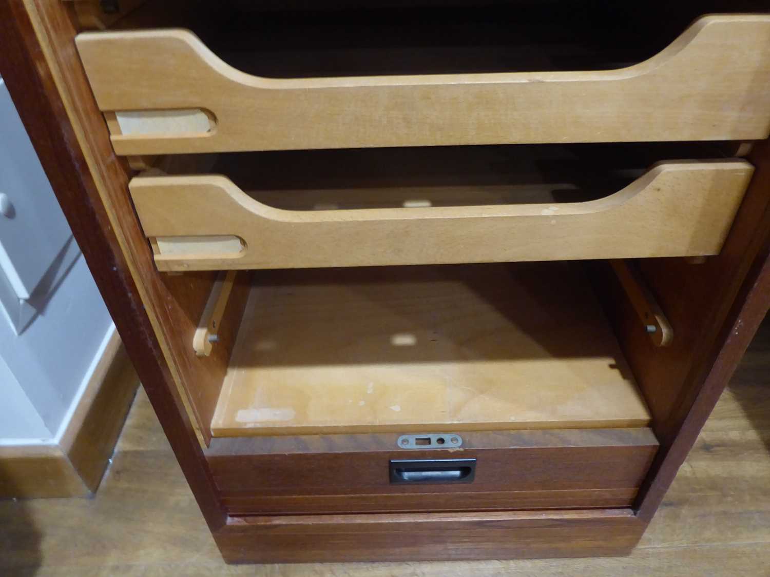 A 1950's Danish teak tambour cabinet fitted with seven beech drawers on a plinth base, 45 x 35 x 108 - Bild 10 aus 10