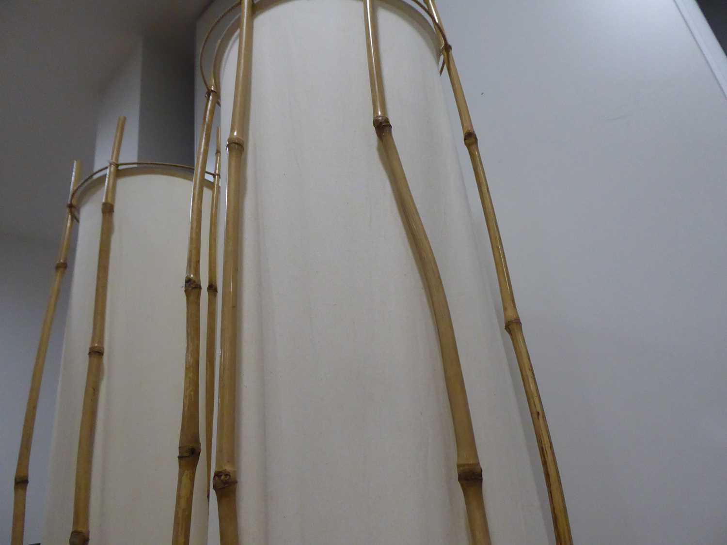 A pair of bamboo and fabric floor lamp shades, h. 100 cm Reasonably stable. Fabric is intact some - Image 2 of 6