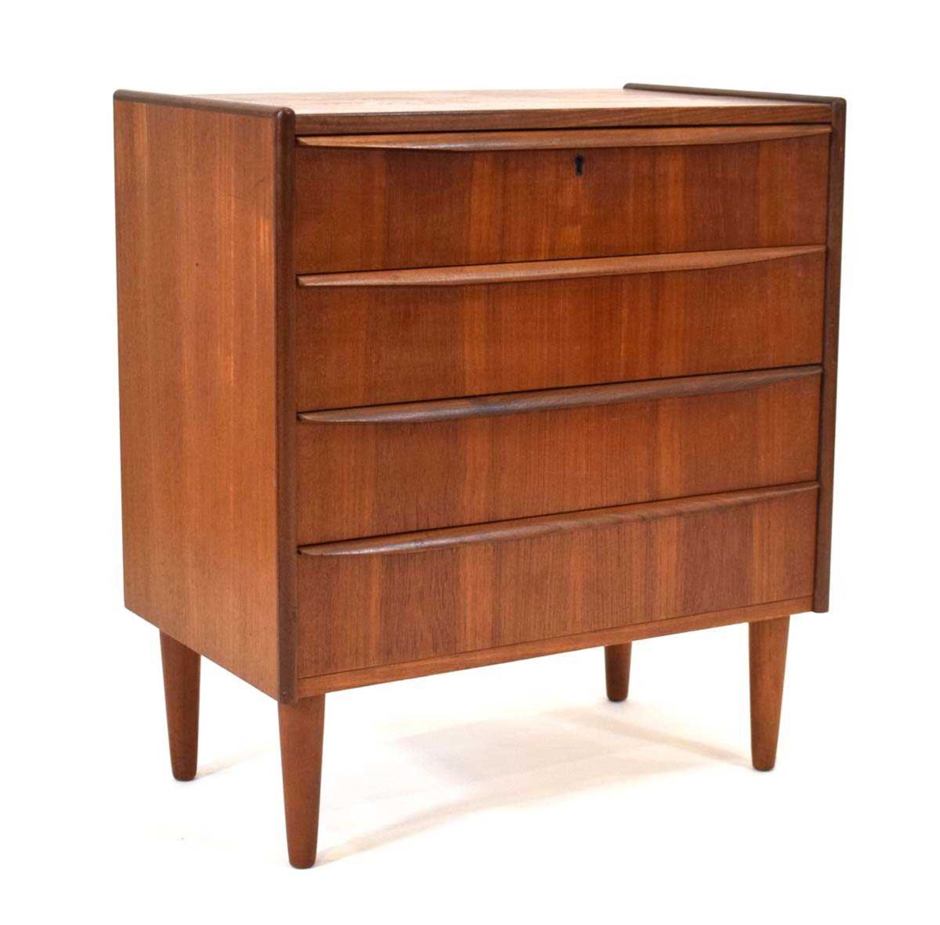 A 1960's Danish teak chest of four drawers with organic handles, on later turned feet, 67 x 41 x