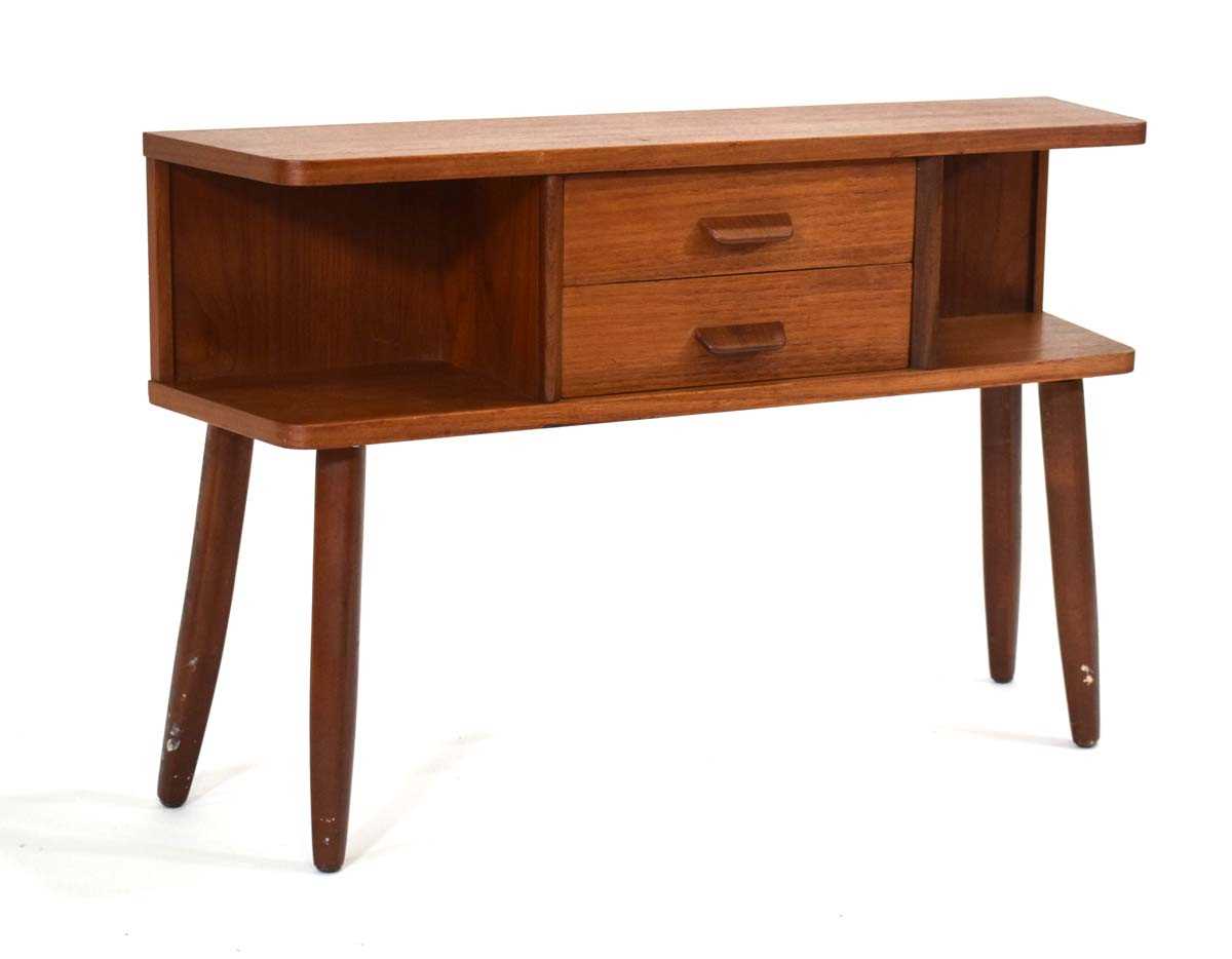 A 1960/70's teak console or telephone table with two drawers, on canted legs, 80 x 20 x 53 cm - Bild 3 aus 4