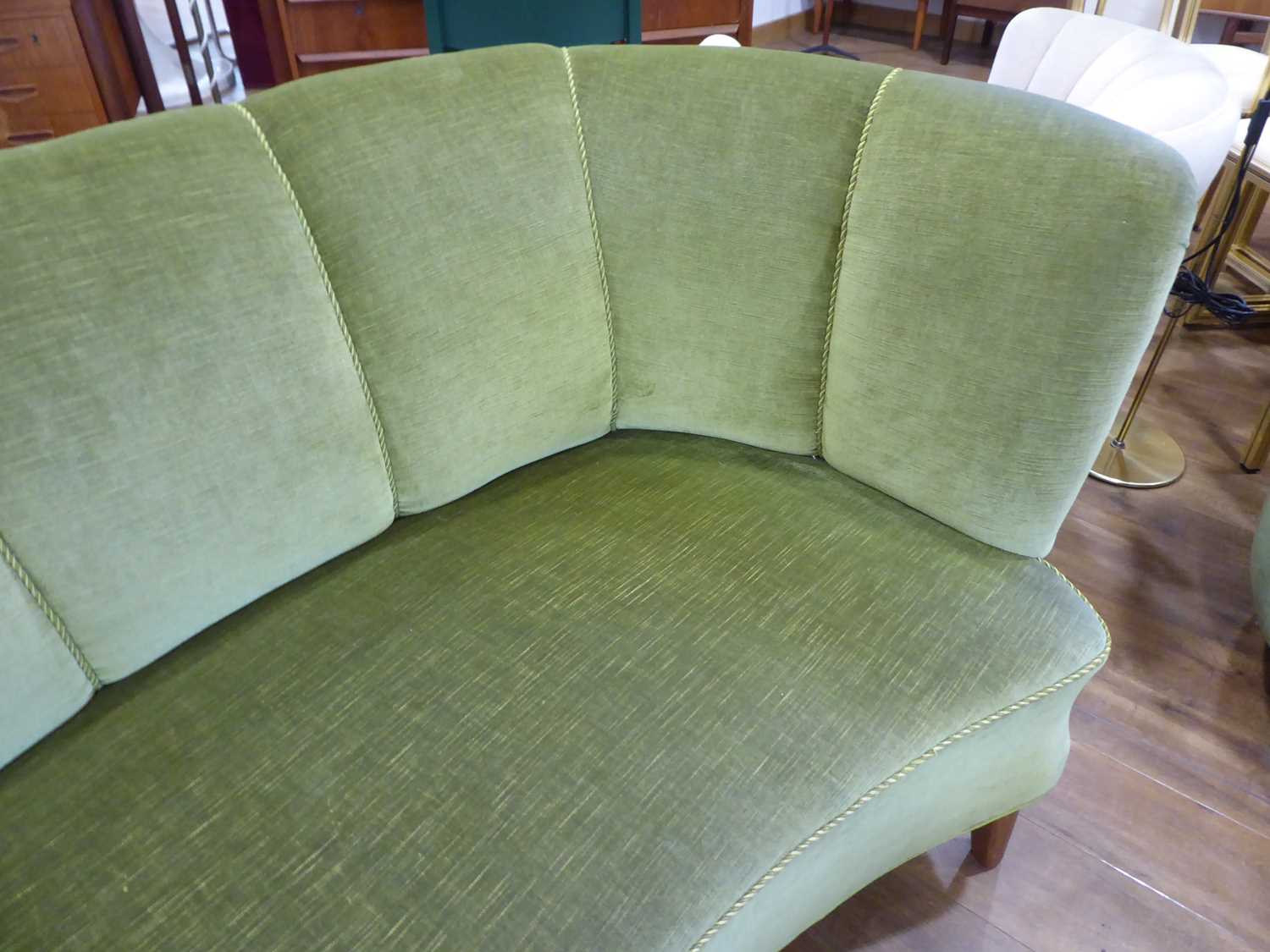 A 1950's Danish 'Banana' sofa upholstered in green on teak triangular feet *Sold subject to our Soft - Image 3 of 7