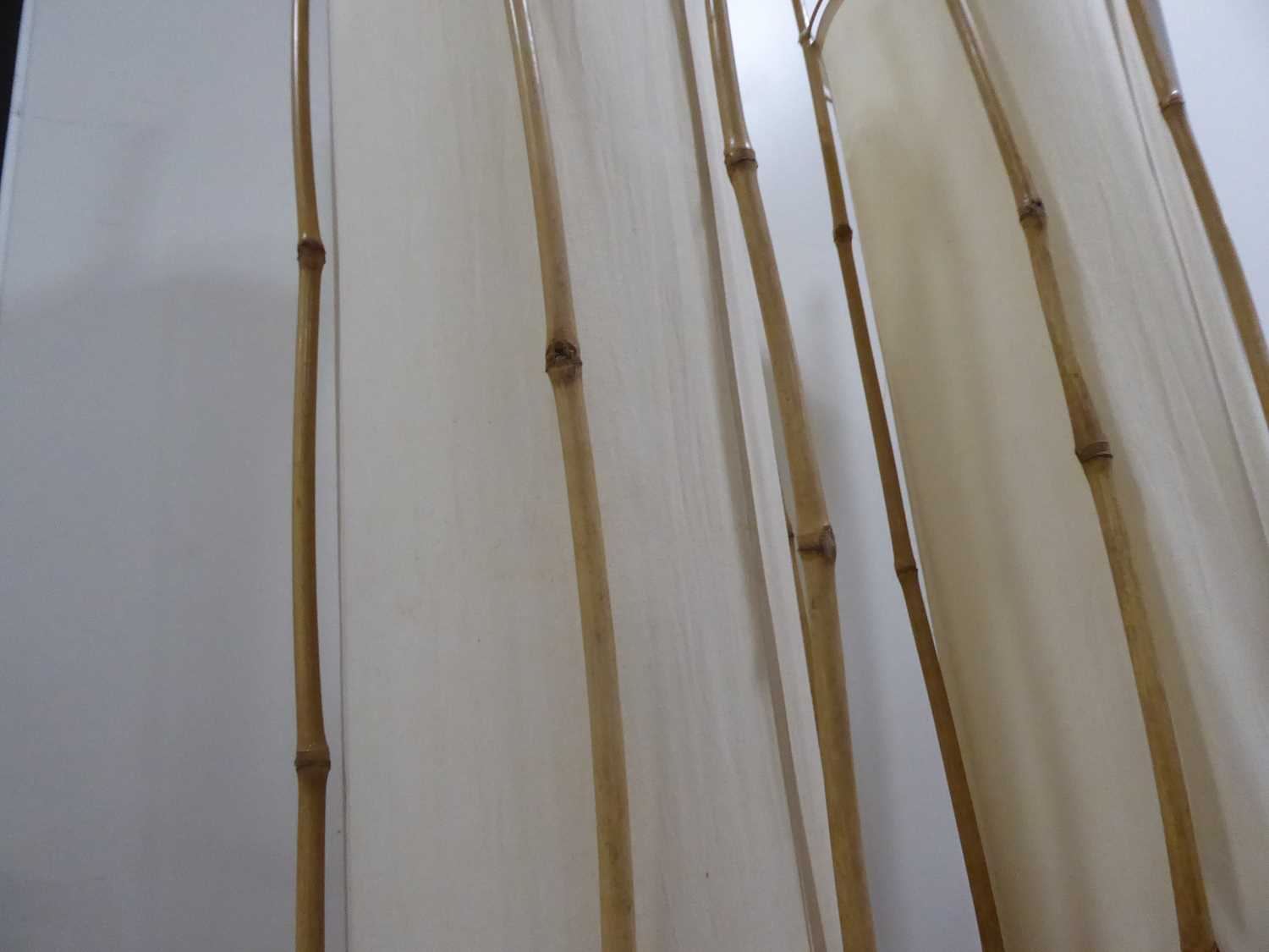 A pair of bamboo and fabric floor lamp shades, h. 100 cm Reasonably stable. Fabric is intact some - Image 6 of 6