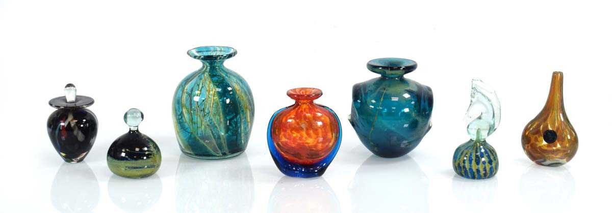 A small group of Mdina, Adam Aaronson and similar glass paperweights, vases and scent holder, four