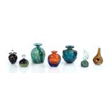 A small group of Mdina, Adam Aaronson and similar glass paperweights, vases and scent holder, four