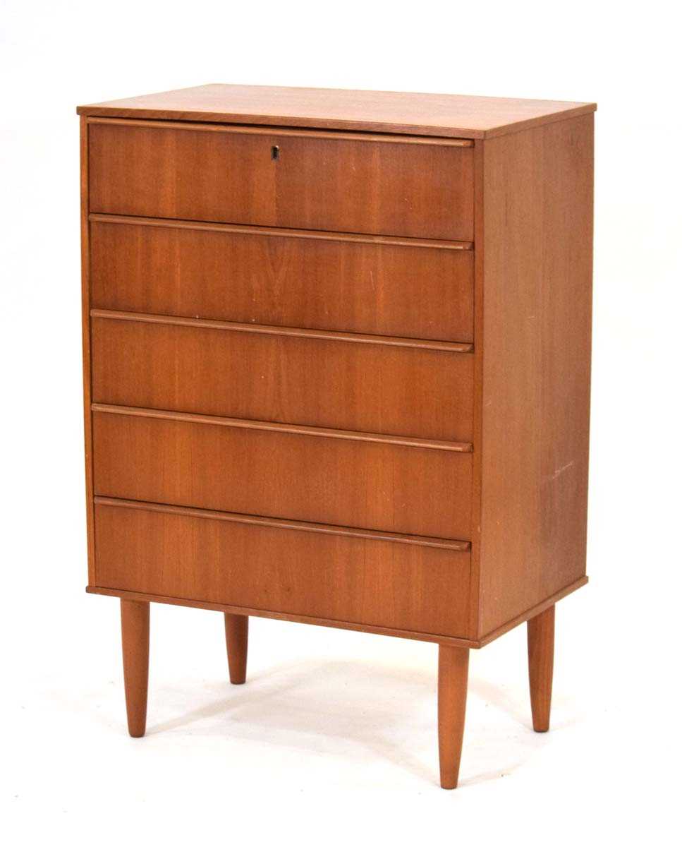 A 1960's Swedish teak chest of five drawers on later tapering legs, 64 x 40 x 94 cm Legs a bit