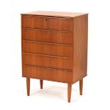 A 1960's Swedish teak chest of five drawers on later tapering legs, 64 x 40 x 94 cm Legs a bit