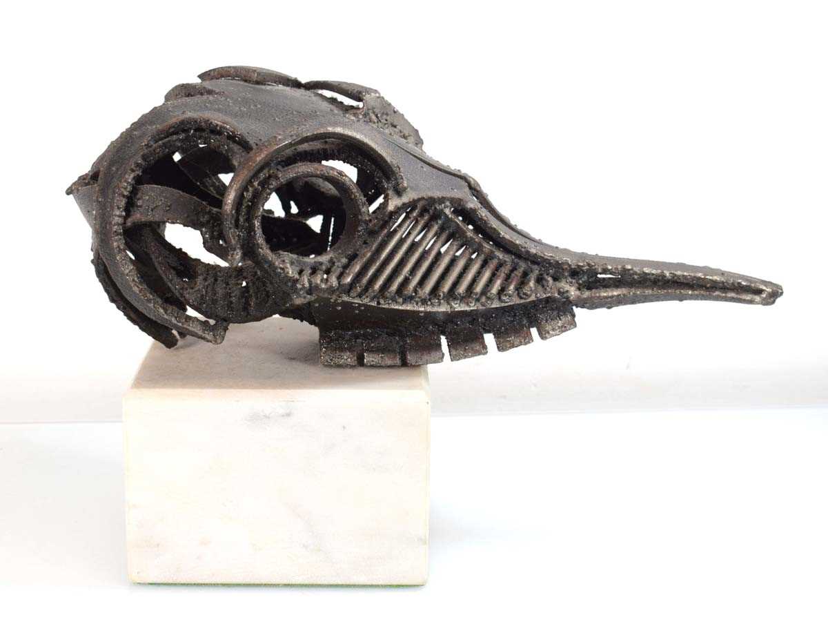 Walenty Pytel (Polish, b. 1941), a bronze sculptural head modelled as a bird, on a white marble - Image 3 of 3