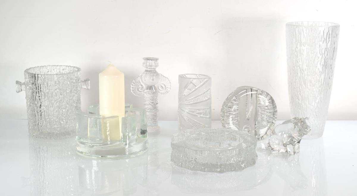 A German ice crystal vase by Peill & Putzler together with seven similar clear/ice glass objects (