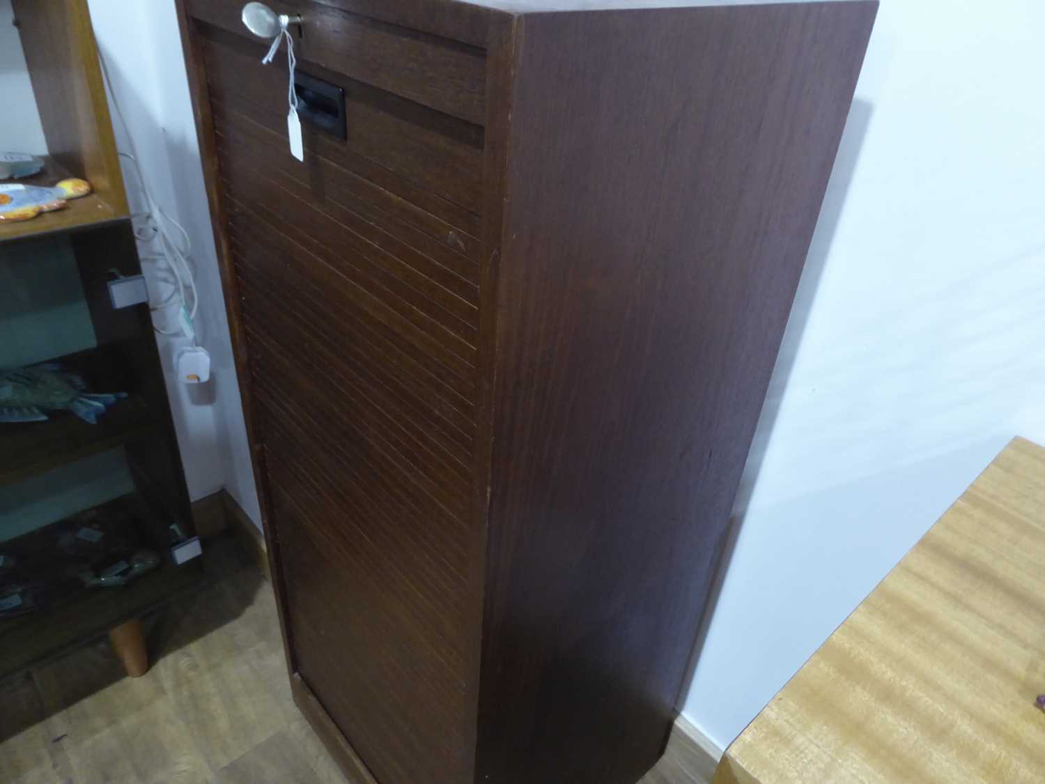 A 1950's Danish teak tambour cabinet fitted with seven beech drawers on a plinth base, 45 x 35 x 108 - Bild 6 aus 10