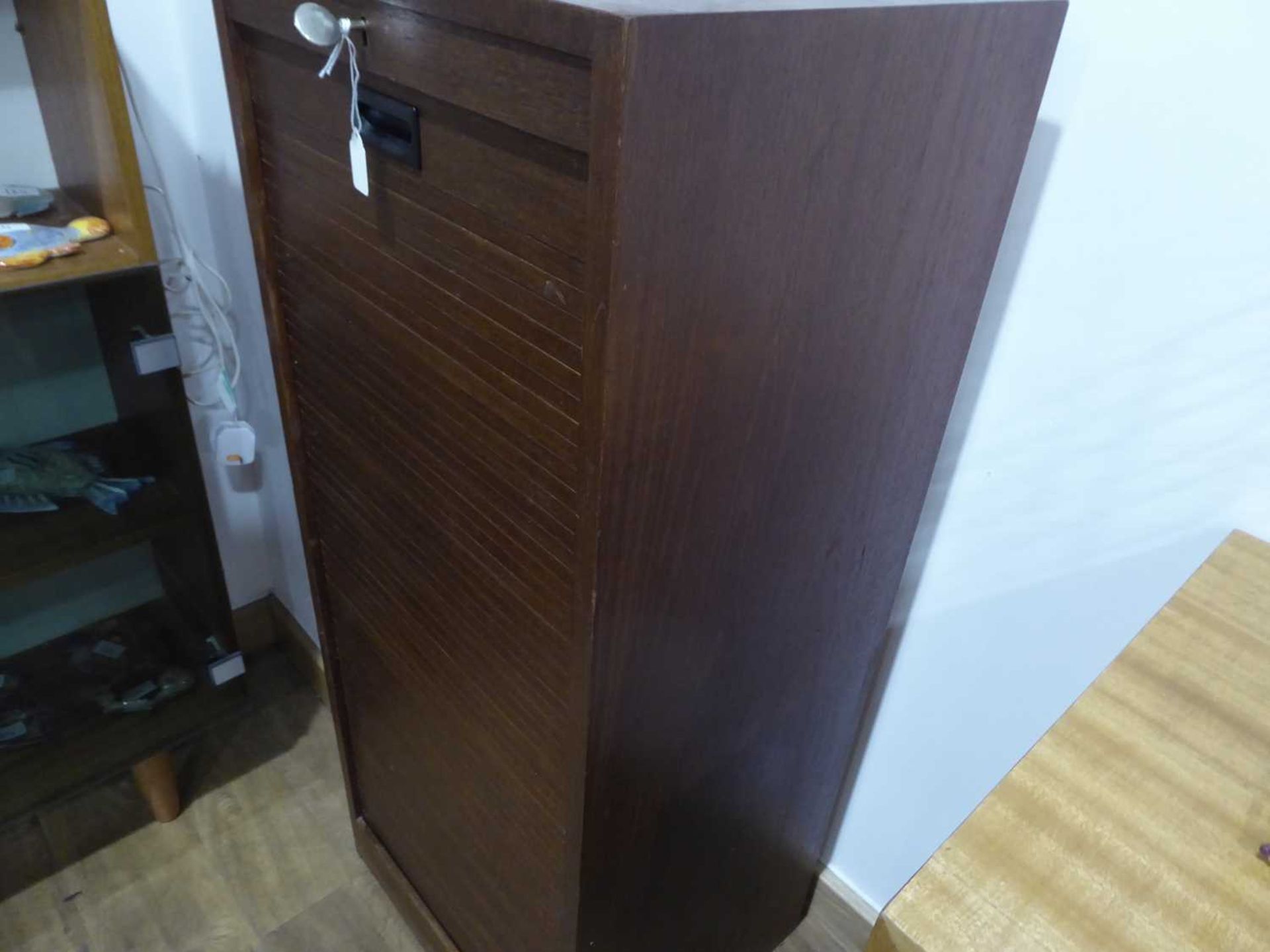 A 1950's Danish teak tambour cabinet fitted with seven beech drawers on a plinth base, 45 x 35 x 108 - Image 6 of 10