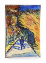 Inga Anderson (Danish), A blue figure walking down an autumnal lane, signed verso and dated 1973,