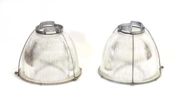 A pair of British holophane industrial pendant light shades, di. 41 cm, h. 32 cm