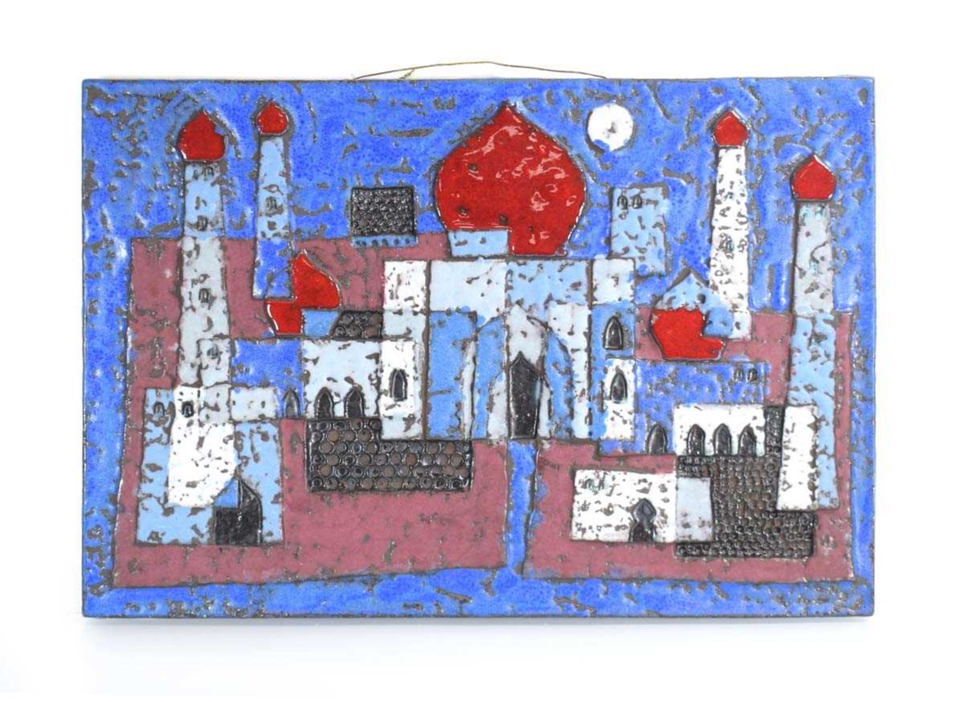 A German ceramic wall plaque by Karlsruhe Majolika Company depicting the Taj Mahal, 49 x 33 cm