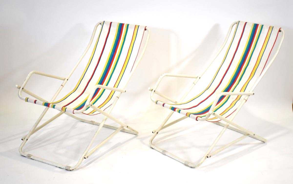 A pair of Grand Soliel deckchairs with white tubular frames and stripped seats - Image 2 of 2