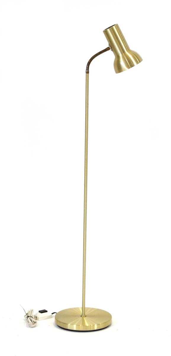 A 1970's Danish brass-finished single-spot adjustable standard floor lamp Lead cut, working order