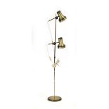 A 1970's Danish 'burnt brass' twin-spot floor lamp Lead cut, working order unknown, some wear.