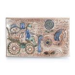 A Danish pottery wall plaque by Søholm Keramik relief decorated with a horse and carriage, 26 x 42