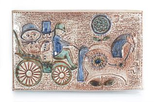 A Danish pottery wall plaque by Søholm Keramik relief decorated with a horse and carriage, 26 x 42