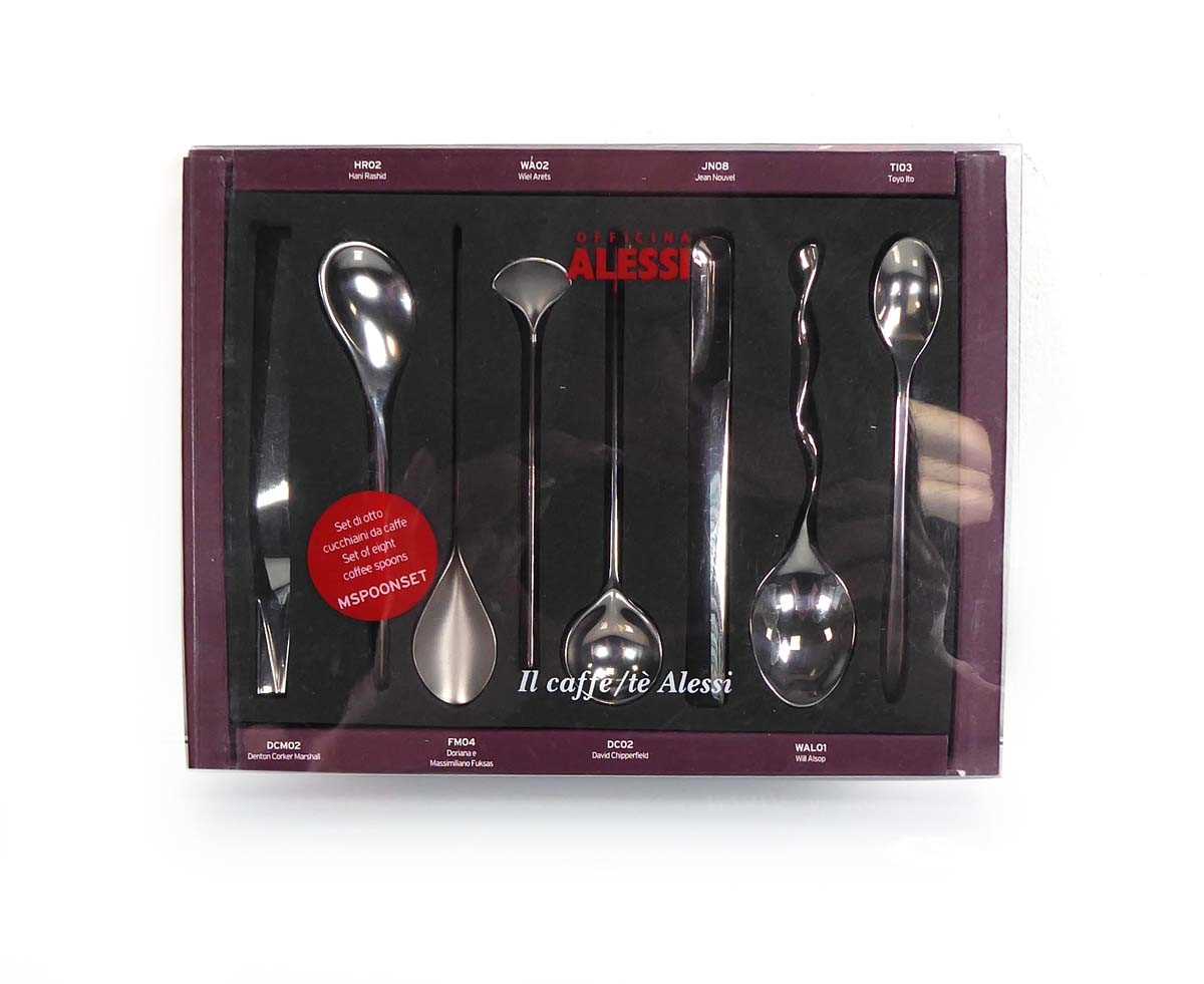 A cased set of eight Alessi coffee spoons by various designers